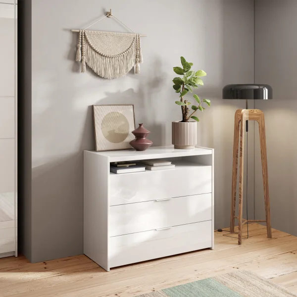 Comò cassettiera multifunzione 110x95cm 3 cassetti bianco lucido Sparkly