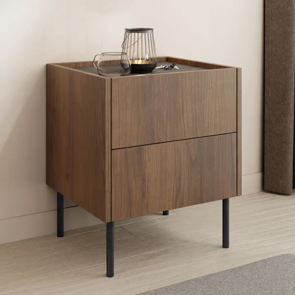 Comodino 40x50h cm 2 cassetti moderno piano effetto marmo nero noce Caliva