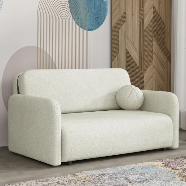 Divano letto 2 posti 150x103 cm con contenitore e cuscino tessuto bouclé beige chiaro Reposa
