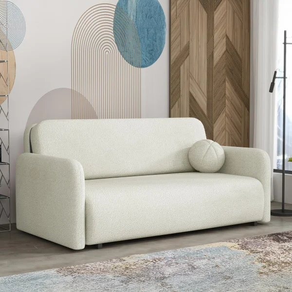 Divano letto 3 posti 170x103 cm con contenitore e cuscino tessuto bouclé beige chiaro Reposa