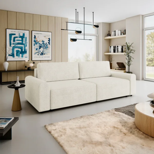 Divano letto 3 posti 240x95 cm con box contenitore a trama sottile beige Olivon