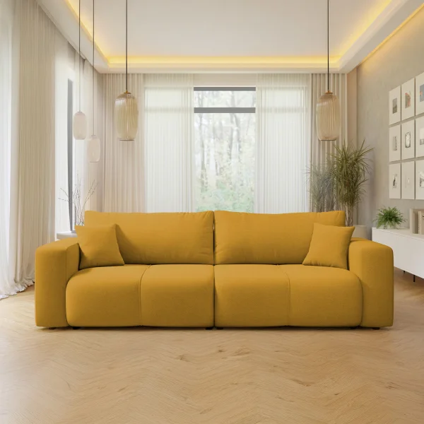 Divano letto 3 posti 248x90cm con contenitore in tessuto velo giallo senape Floty