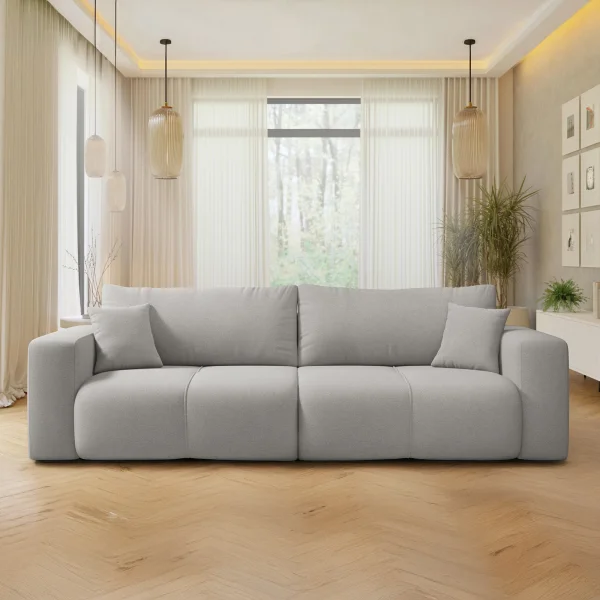 Divano letto 3 posti 248x90cm con contenitore in tessuto velo grigio chiaro Floty