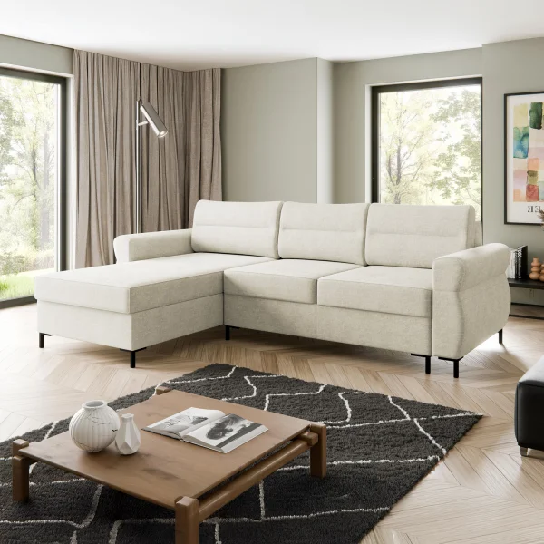 Divano letto angolare 3 posti 258x170 cm con box contenitore imbottito beige chiaro nero Velissa