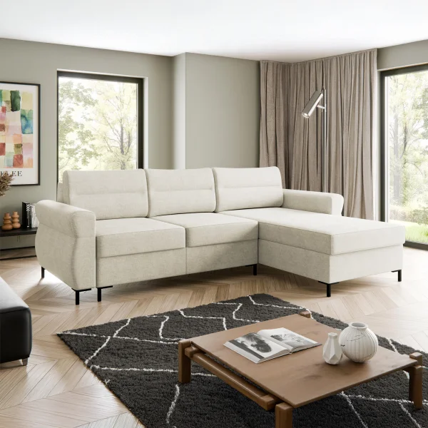 Divano letto angolare 3 posti 258x170 cm con box contenitore imbottito beige chiaro nero Velissa