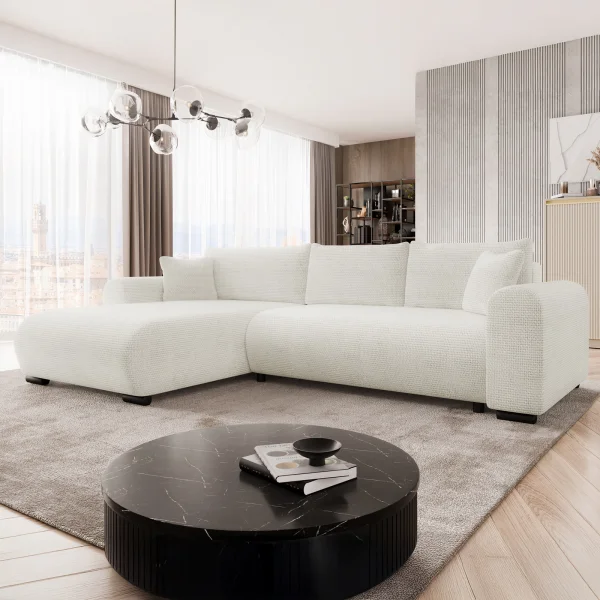 Divano letto angolare 4 posti 285x188cm con contenitore a trama spessa bianco Soft