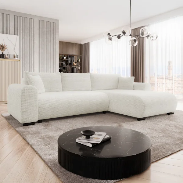 Divano letto angolare 4 posti 285x188cm con contenitore a trama spessa bianco Soft