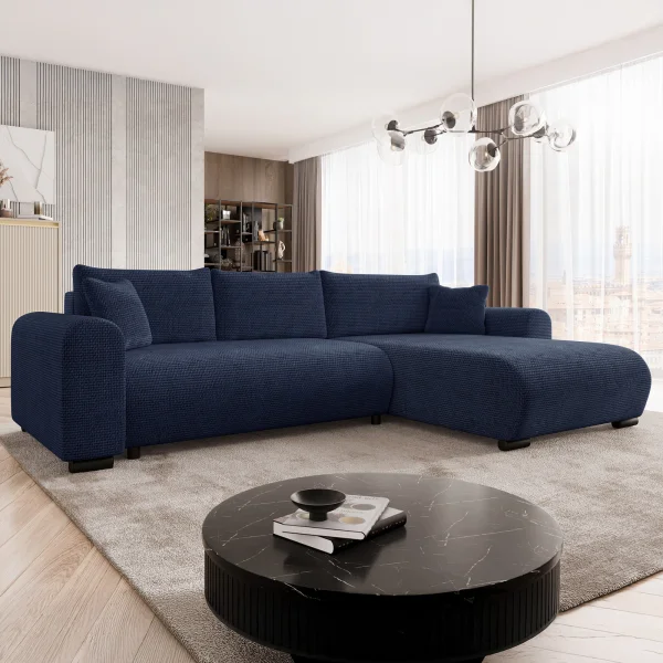 Divano letto angolare 4 posti 285x188cm con contenitore a trama spessa blu Soft