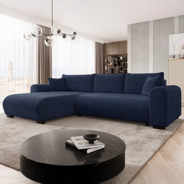 Divano letto angolare 4 posti 285x188cm con contenitore a trama spessa blu Soft