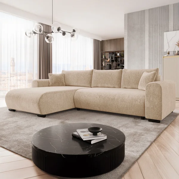 Divano letto angolare 4 posti 285x188cm con contenitore imbottito tessuto beige Soft
