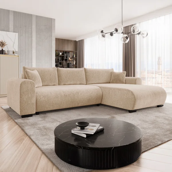 Divano letto angolare 4 posti 285x188cm con contenitore imbottito tessuto beige Soft