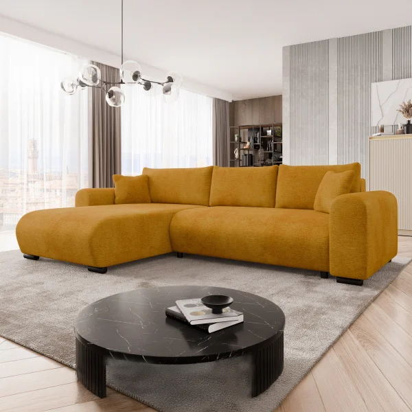 Divano letto angolare 4 posti 285x188cm con contenitore imbottito tessuto giallo senape Soft