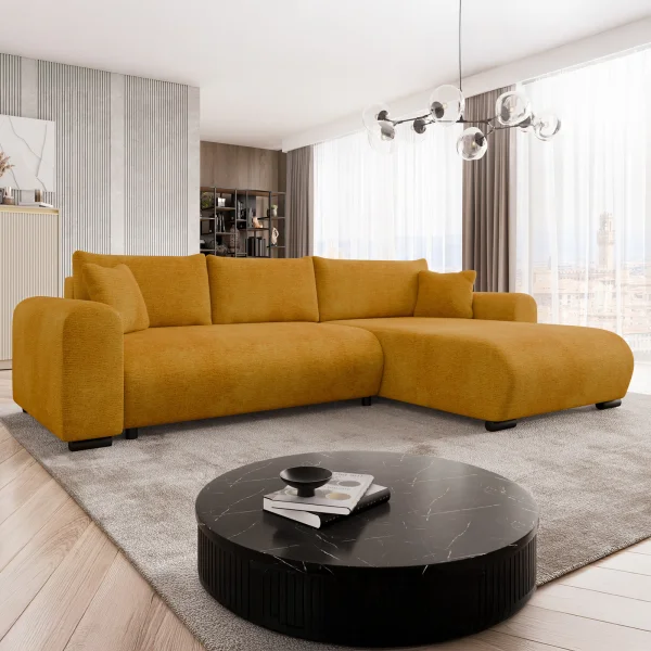 Divano letto angolare 4 posti 285x188cm con contenitore imbottito tessuto giallo senape Soft