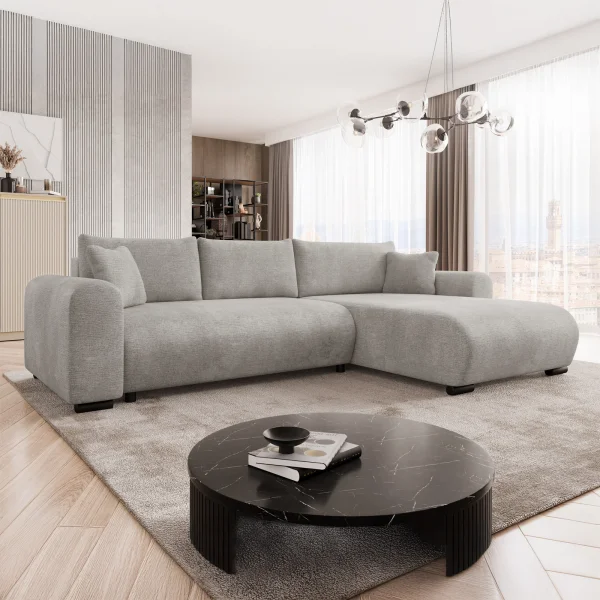 Divano letto angolare 4 posti 285x188cm con contenitore imbottito tessuto grigio Soft