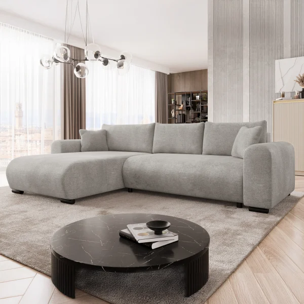 Divano letto angolare 4 posti 285x188cm con contenitore imbottito tessuto grigio Soft