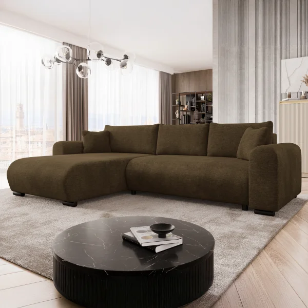 Divano letto angolare 4 posti 285x188cm con contenitore imbottito tessuto marrone Soft