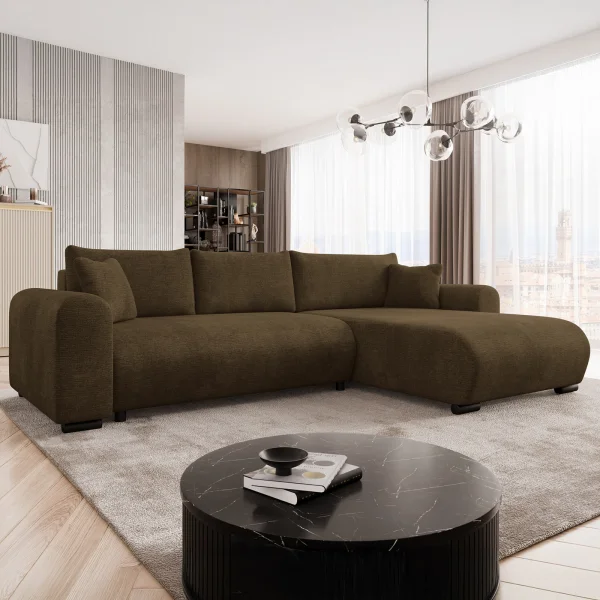 Divano letto angolare 4 posti 285x188cm con contenitore imbottito tessuto marrone Soft