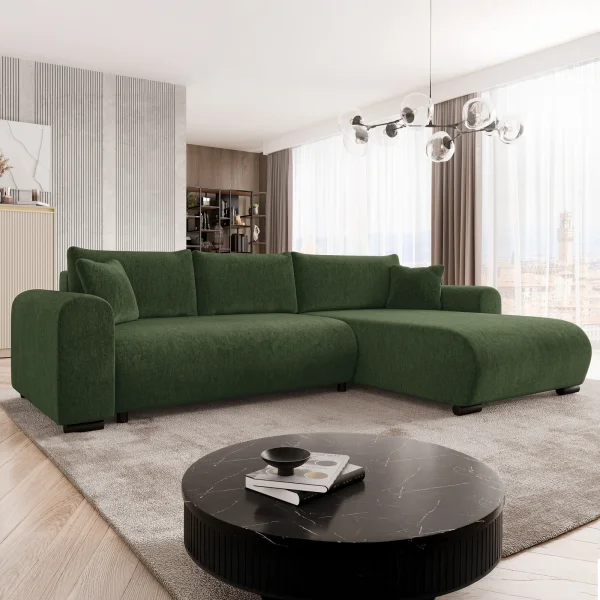 Divano letto angolare 4 posti 285x188cm con contenitore imbottito tessuto verde Soft