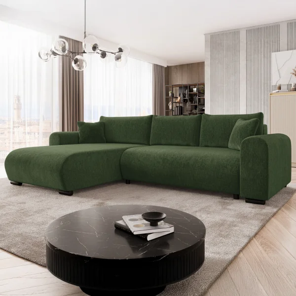 Divano letto angolare 4 posti 285x188cm con contenitore imbottito tessuto verde Soft