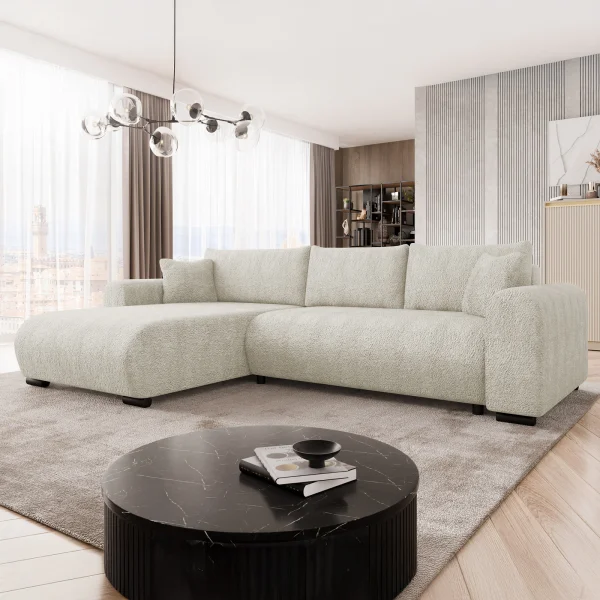 Divano letto angolare 4 posti 285x188cm con contenitore tessuto bouclé beige chiaro Soft
