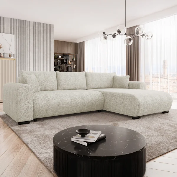 Divano letto angolare 4 posti 285x188cm con contenitore tessuto bouclé beige chiaro Soft