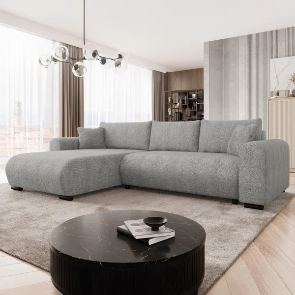 Divano letto angolare 4 posti 285x188cm con contenitore tessuto bouclé grigio chiaro Soft