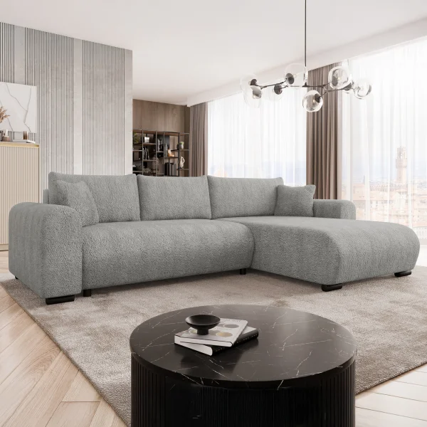 Divano letto angolare 4 posti 285x188cm con contenitore tessuto bouclé grigio chiaro Soft