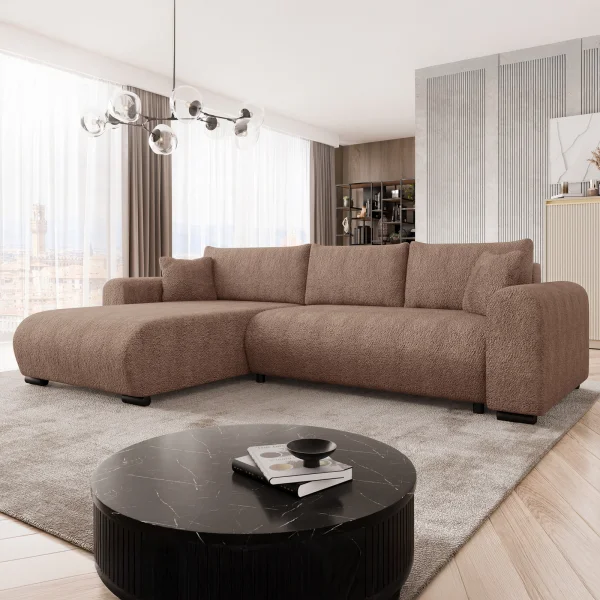 Divano letto angolare 4 posti 285x188cm con contenitore tessuto bouclé marrone chiaro Soft