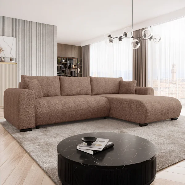 Divano letto angolare 4 posti 285x188cm con contenitore tessuto bouclé marrone chiaro Soft