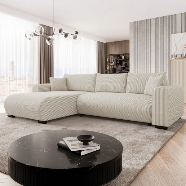 Divano letto angolare 4 posti 285x188cm con contenitore tessuto velluto a coste beige Soft