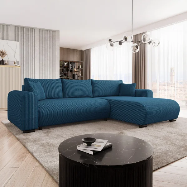 Divano letto angolare 4 posti 285x188cm con contenitore tessuto velluto a coste blu navy Soft