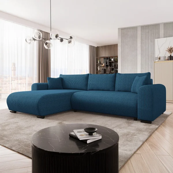 Divano letto angolare 4 posti 285x188cm con contenitore tessuto velluto a coste blu navy Soft
