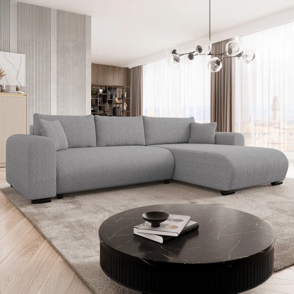Divano letto angolare 4 posti 285x188cm con contenitore tessuto velluto a coste grigio Soft