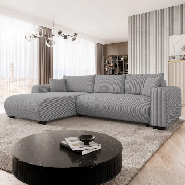 Divano letto angolare 4 posti 285x188cm con contenitore tessuto velluto a coste grigio Soft