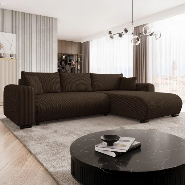 Divano letto angolare 4 posti 285x188cm con contenitore tessuto velluto a coste marrone scuro Soft