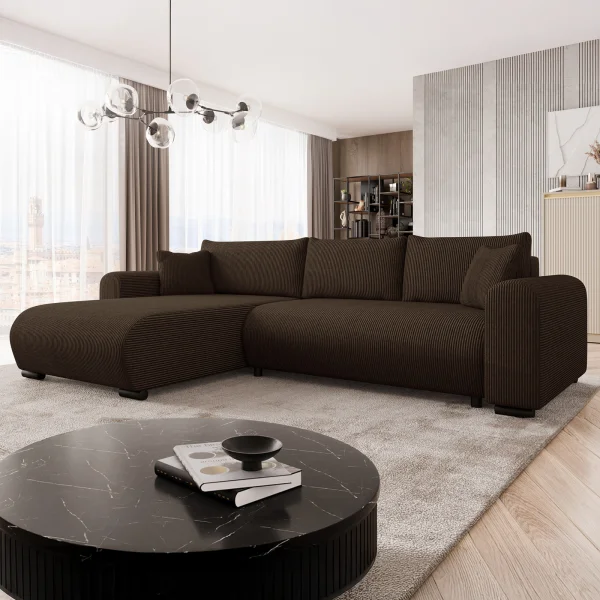 Divano letto angolare 4 posti 285x188cm con contenitore tessuto velluto a coste marrone scuro Soft