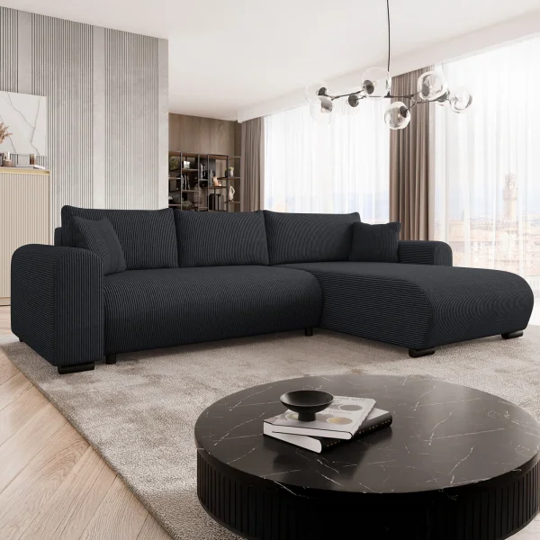 Divano letto angolare 4 posti 285x188cm con contenitore tessuto velluto a coste nero Soft