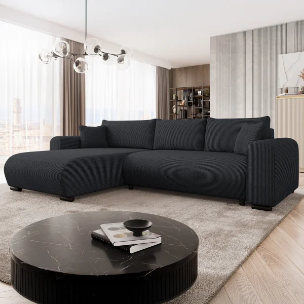 Divano letto angolare 4 posti 285x188cm con contenitore tessuto velluto a coste nero Soft