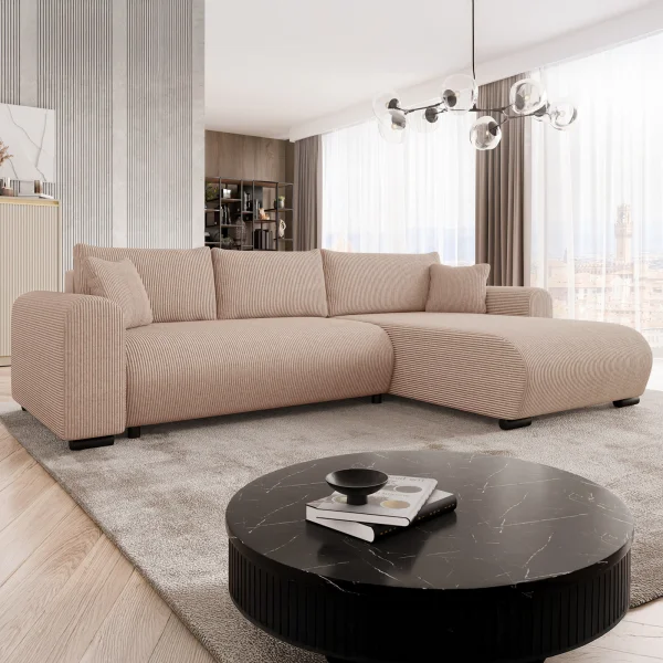 Divano letto angolare 4 posti 285x188cm con contenitore tessuto velluto a coste rosa Soft