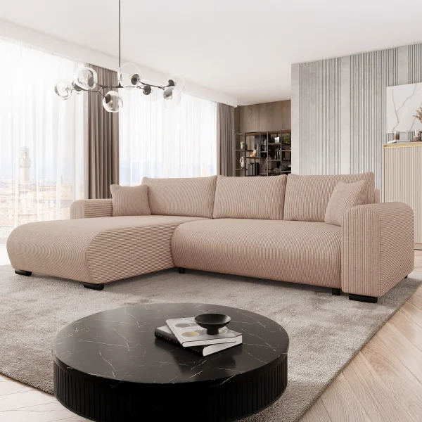 Divano letto angolare 4 posti 285x188cm con contenitore tessuto velluto a coste rosa Soft