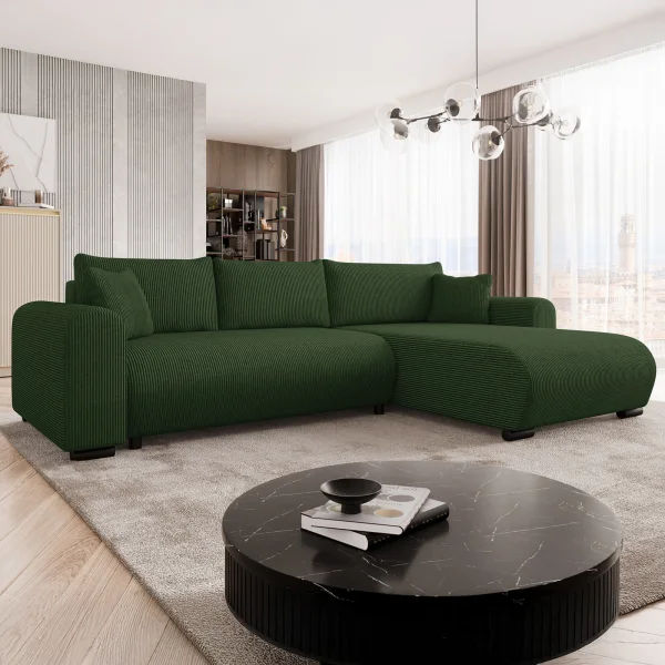 Divano letto angolare 4 posti 285x188cm con contenitore tessuto velluto a coste verde Soft