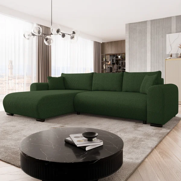 Divano letto angolare 4 posti 285x188cm con contenitore tessuto velluto a coste verde Soft