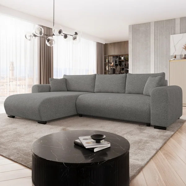 Divano letto angolare 4 posti 285x188cm con contenitore tessuto velo grigio scuro Soft