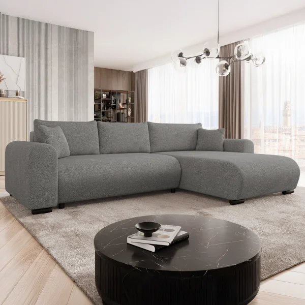 Divano letto angolare 4 posti 285x188cm con contenitore tessuto velo grigio scuro Soft
