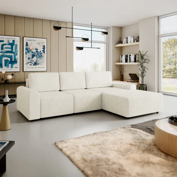 Divano letto angolare destra 3 posti 258x168 cm con contenitore a trama sottile beige Olivon