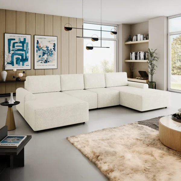 Divano letto angolare panoramico 5 posti 338x168 cm con contenitore a trama sottile beige Olivon