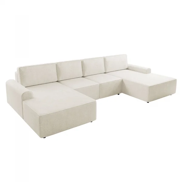 Divano letto angolare panoramico 5 posti 338x168 cm con contenitore a trama sottile beige Olivon