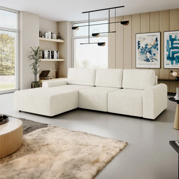 Divano letto angolare sinistra 3 posti 258x168 cm con contenitore a trama sottile beige Olivon