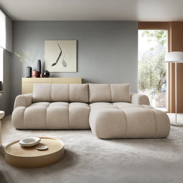 Divano letto con angolo a destra 4 posti 270x173cm con contenitore tessuto bouclé beige Litos
