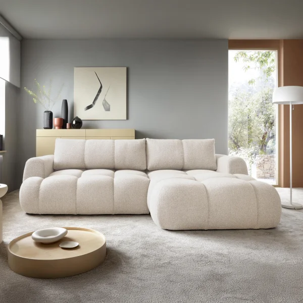 Divano letto con angolo a destra 4 posti 270x173cm con contenitore tessuto bouclé bianco crema Litos